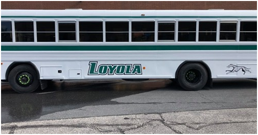 Custom bus wrap for Loyola College, completed at our shop in Baltimore, MD